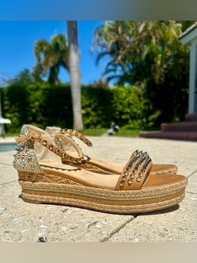 Christian Louboutin Tan Studded Espadrille Wedge Sandals 39